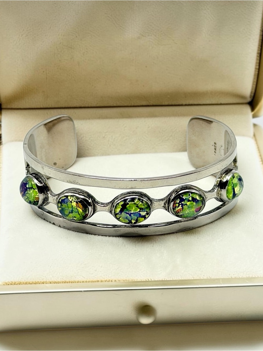 Vintage Taxco Mexico 925 Sterling Silver Art Glass Cabochon Cuff Bracelet 6-8”